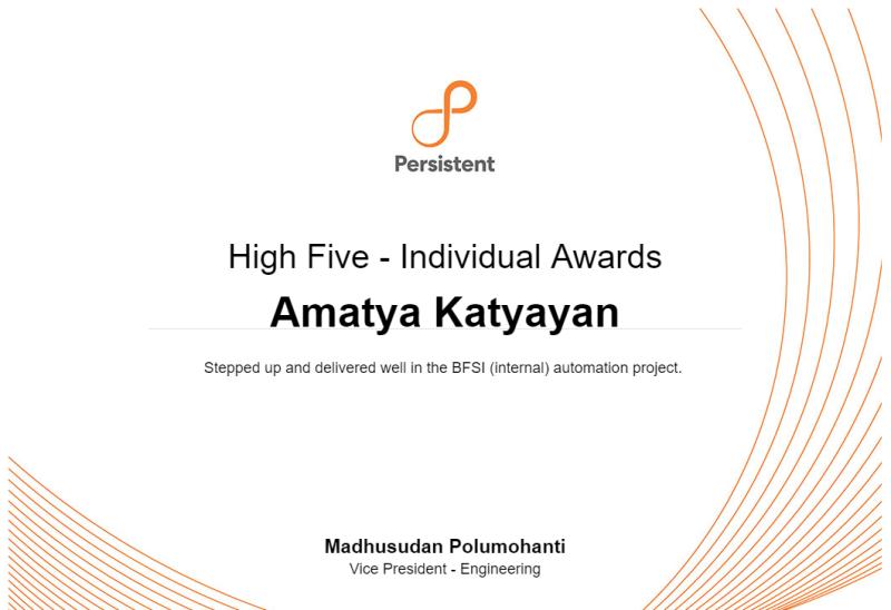 Recognition for performance in the BFSI Automation Project – Persistent Systems