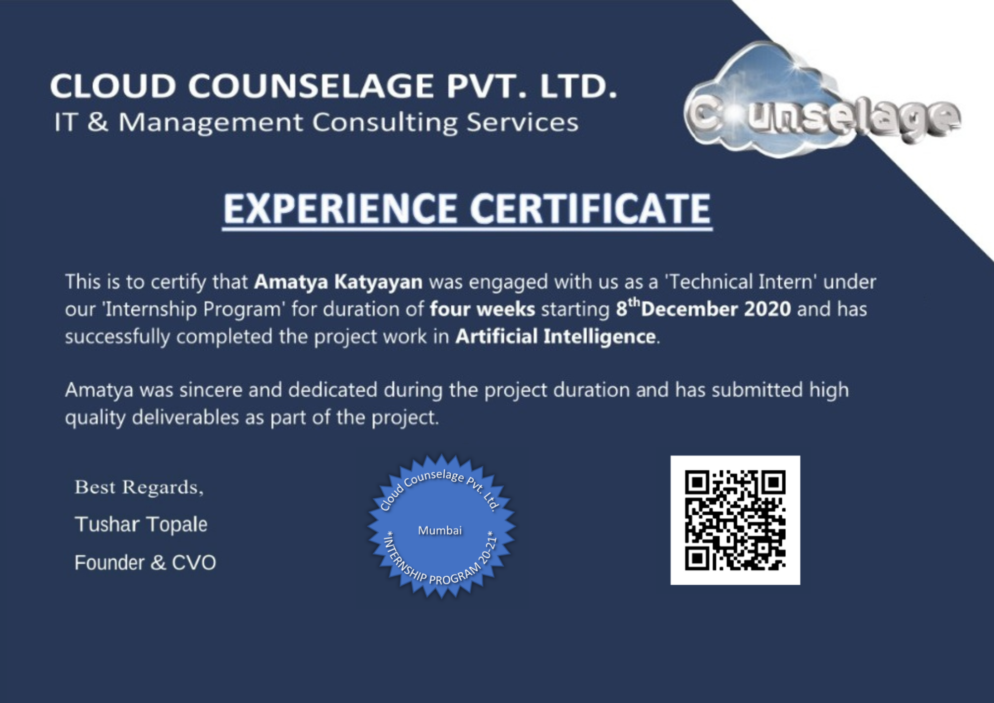 Developed an AI-powered customer service chatbot during AI Internship – Cloud Counselage