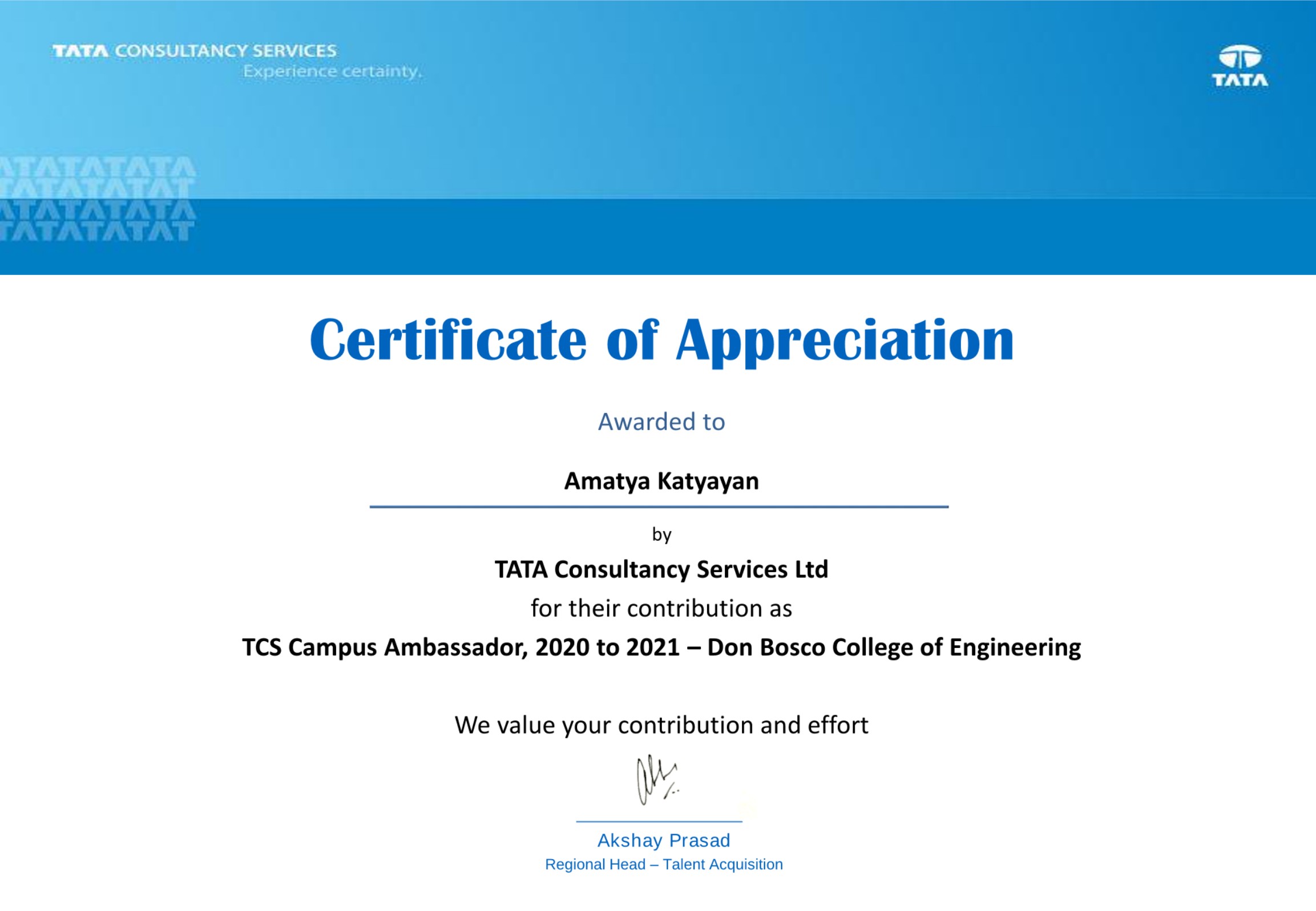 Awarded for contributions as Campus Ambassador – TCS India